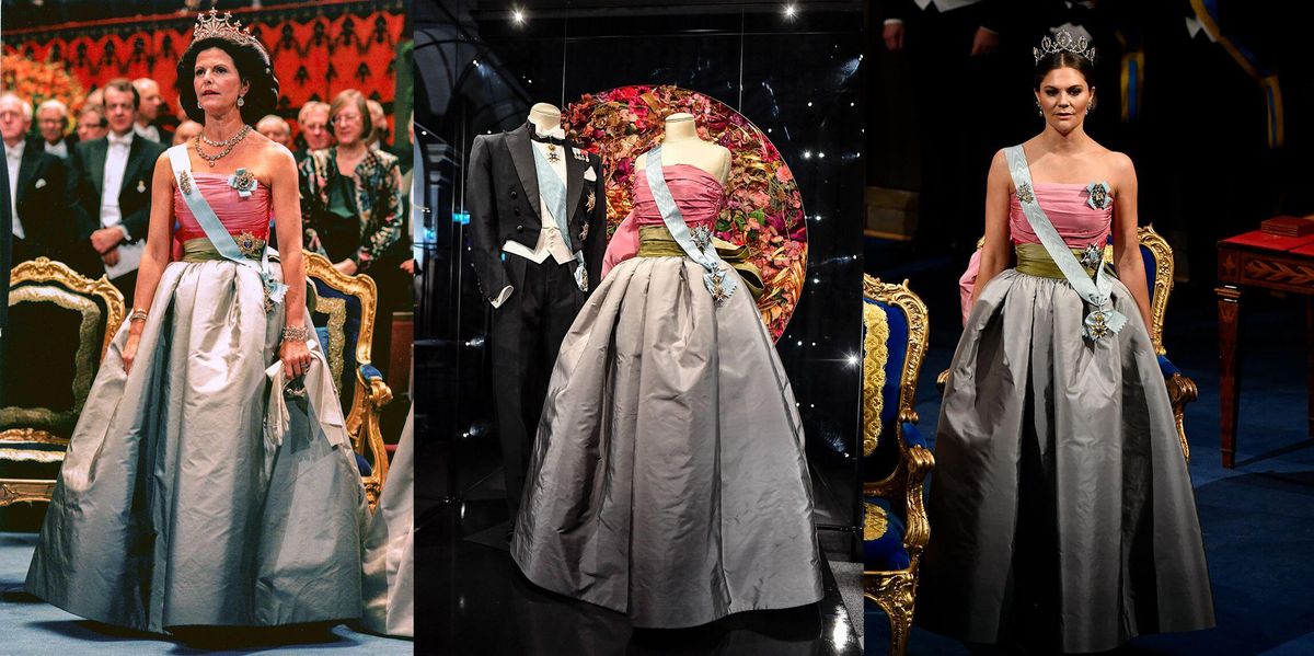 Queen Silvia at the 1995 Nobel Prize festivities. The dress was also worn by Crown Princess Victoria in 2018.