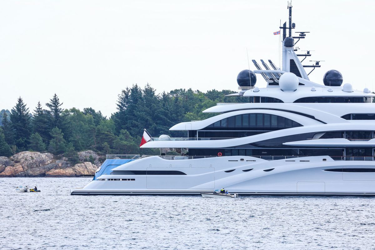 One of the world's largest yachts, the Yacht Al Lusail, is seen in the port area of Kristiansand, Norway on July 17, 2022