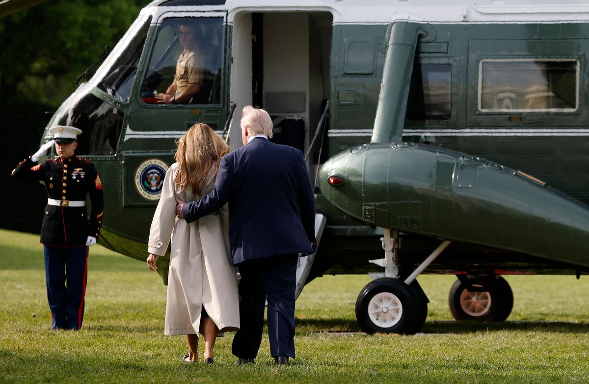 WASHINGTON, DC - APRIL 25: U.S. President Donald Trump and first lady Melania Trump walk to Marine One as they depart the White House on April 25, 2025 in Washington, DC. President Trump and the first lady are traveling to Rome to attend the funeral of Pope Francis. (Photo by Kevin Dietsch/Getty Images)