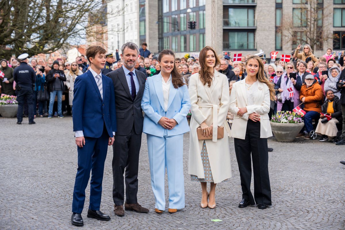 (L-R) Prince Vincent of Denmark, King Frederik X of Denmark, Princess Isabella of Denmark, Queen Mary of Denmark, and Princess Josephine of Denmark arrive at Aarhus City Hall to mark Princess Isabella's 18th birthday on April 11, 2025 in Aarhus, Denmark.