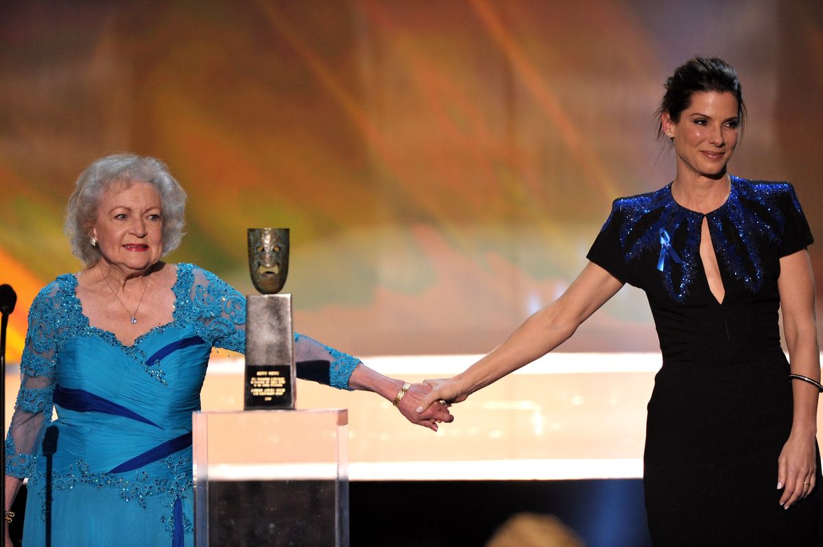 Actresses Betty White and Sandra Bullock onstage onstage at the TNT/TBS broadcast of the 16th Annual Screen Actors Guild Awards 