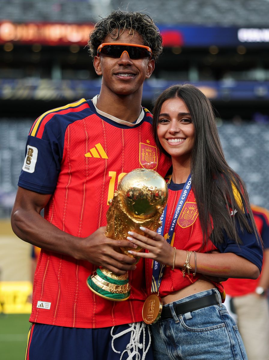 Lamine Yamal #19 of Spain celebrates with his girlfriend Ines Garcia after the team's victory following the FIFA World Cup 2026 Final match