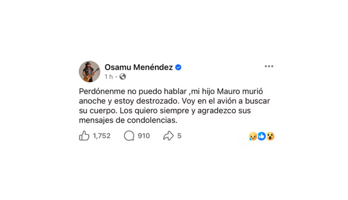 Osamu Menéndez confirmed his son’s death in an emotional message shared on social media.