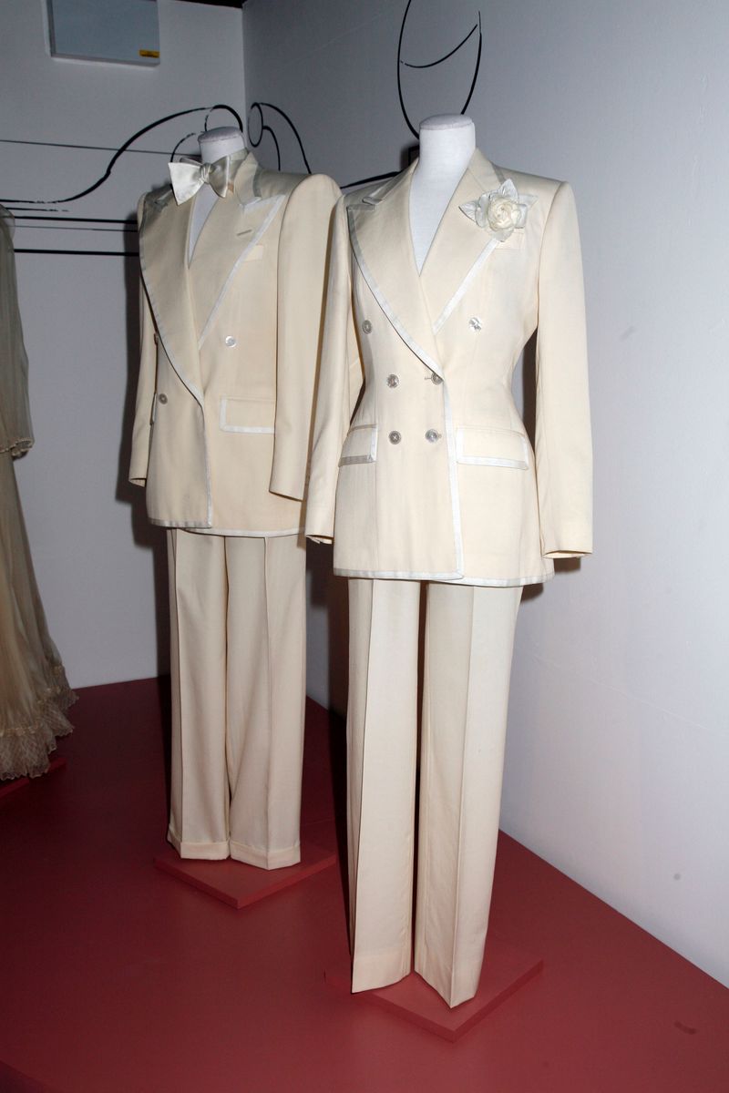 Suits worn by Mick Jagger and Bianca Jagger for their wedding are displayed during the Private View for the Tommy Nutter 'Rebel On The Row' exhibition.