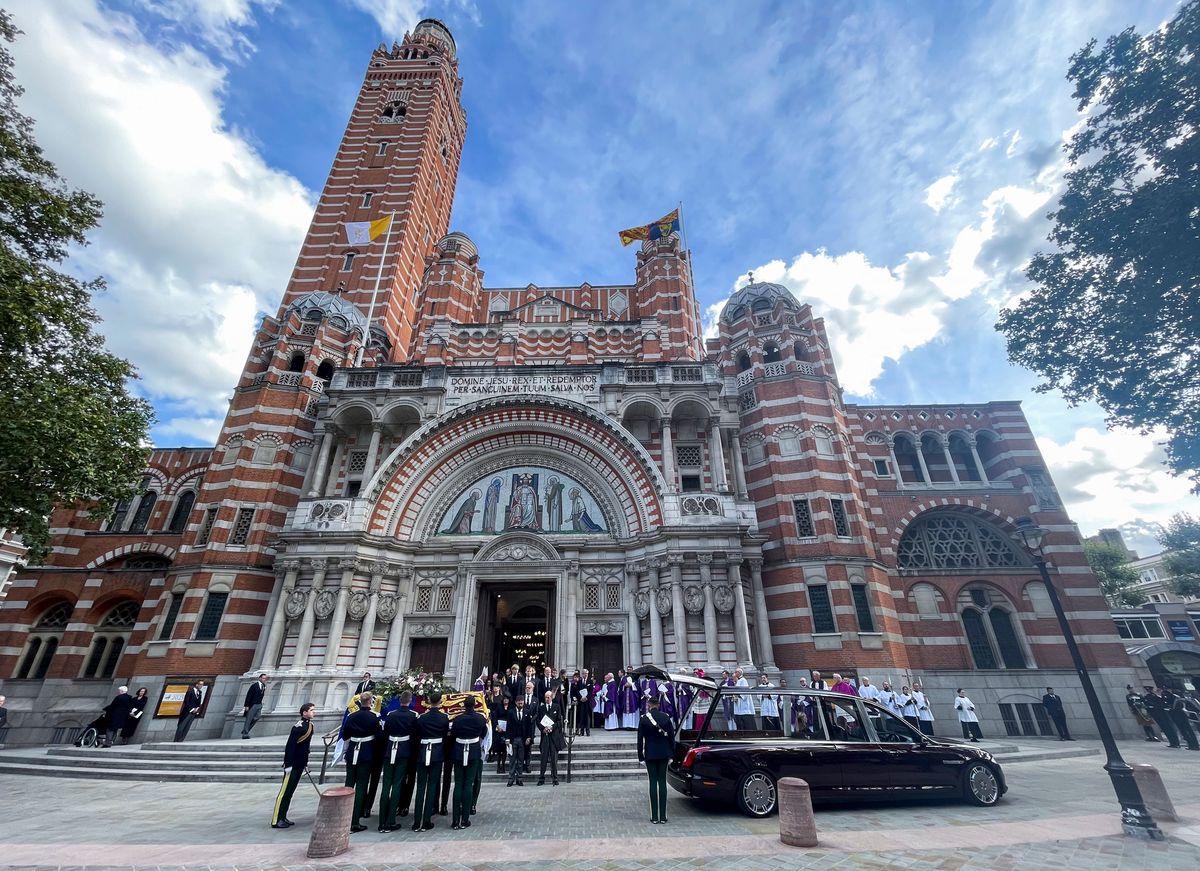 LONDON, ENGLAND - SEPTEMBER 16: The funeral of Katharine, Duchess of Kent at Westminster Cathedral on September 16, 2025 in London, England. Katharine, Duchess of Kent was married Prince Edward, Duke of Kent, the first cousin of Queen Elizabeth II. She died on September 4 at the age of 92 at Kensington Palace surrounded by her family. Having converted to Catholicism in 1994, her funeral takes place at Westminster Cathedral and is the first Catholic funeral to be held for a member of the royal family in modern British history. Her Royal Highness will be laid to rest at the Royal Burial Ground at Frogmore, Windsor. (Photo by Mark Cuthbert/UK Press via Getty Images)