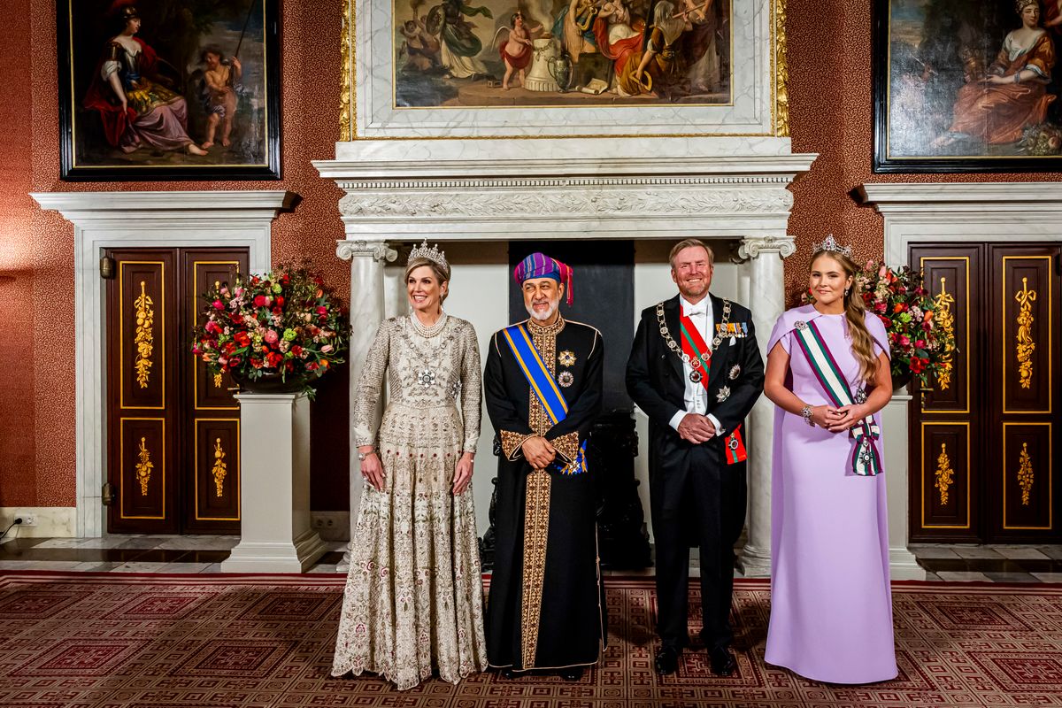 AMSTERDAM, NETHERLANDS - APRIL 15: (L-R) Queen Maxima of The Netherlands, Sultan Haitham bin Tarik, King Willem-Alexander of The Netherlands and Princess Amalia of The Netherlands attend a state banquet at the Royal Palace at the start of the Sultan's state visit on April 15, 2025 in Amsterdam, Netherlands. (Photo by Patrick van Katwijk/Getty Images)