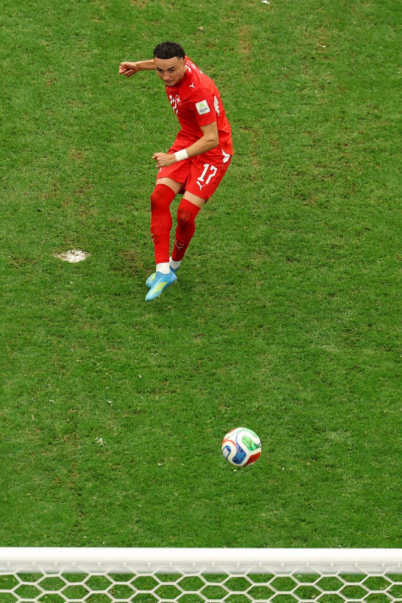 Ruben Vargas #17 of Switzerland scores the fifth and winning penalty in a penalty shootout during the FIFA World Cup 2026