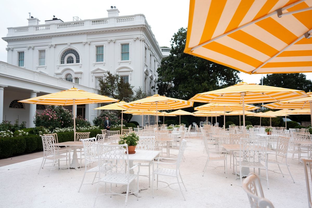 A view of chairs and a newly paved Rose Garden at the White House on August 19, 2025 in Washington, DC. 