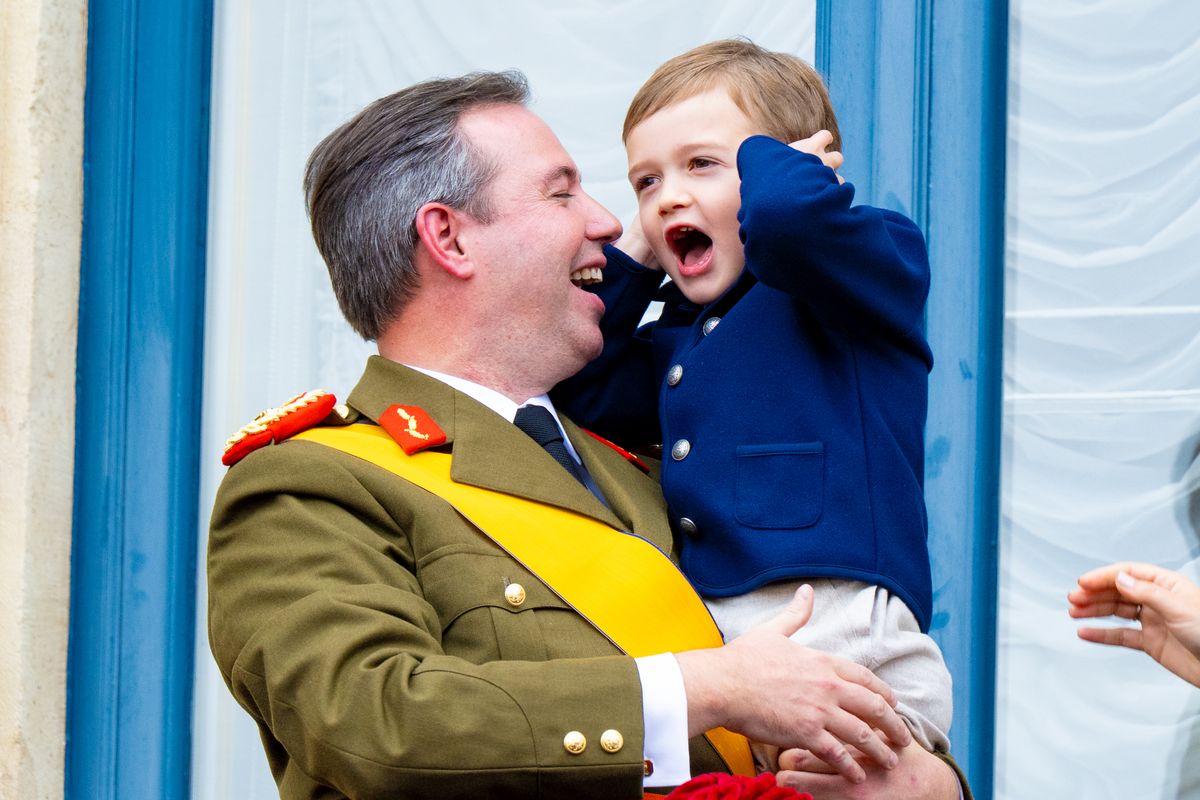 Grand Duke Guillaume, the new Grand Duke of Luxembourg after abdication by his father Grand Duke Henri, together with his son Prince Charles on the balcony of Grand Ducal Palace in Luxembourg. (Photo by DPPA/Sipa USA)