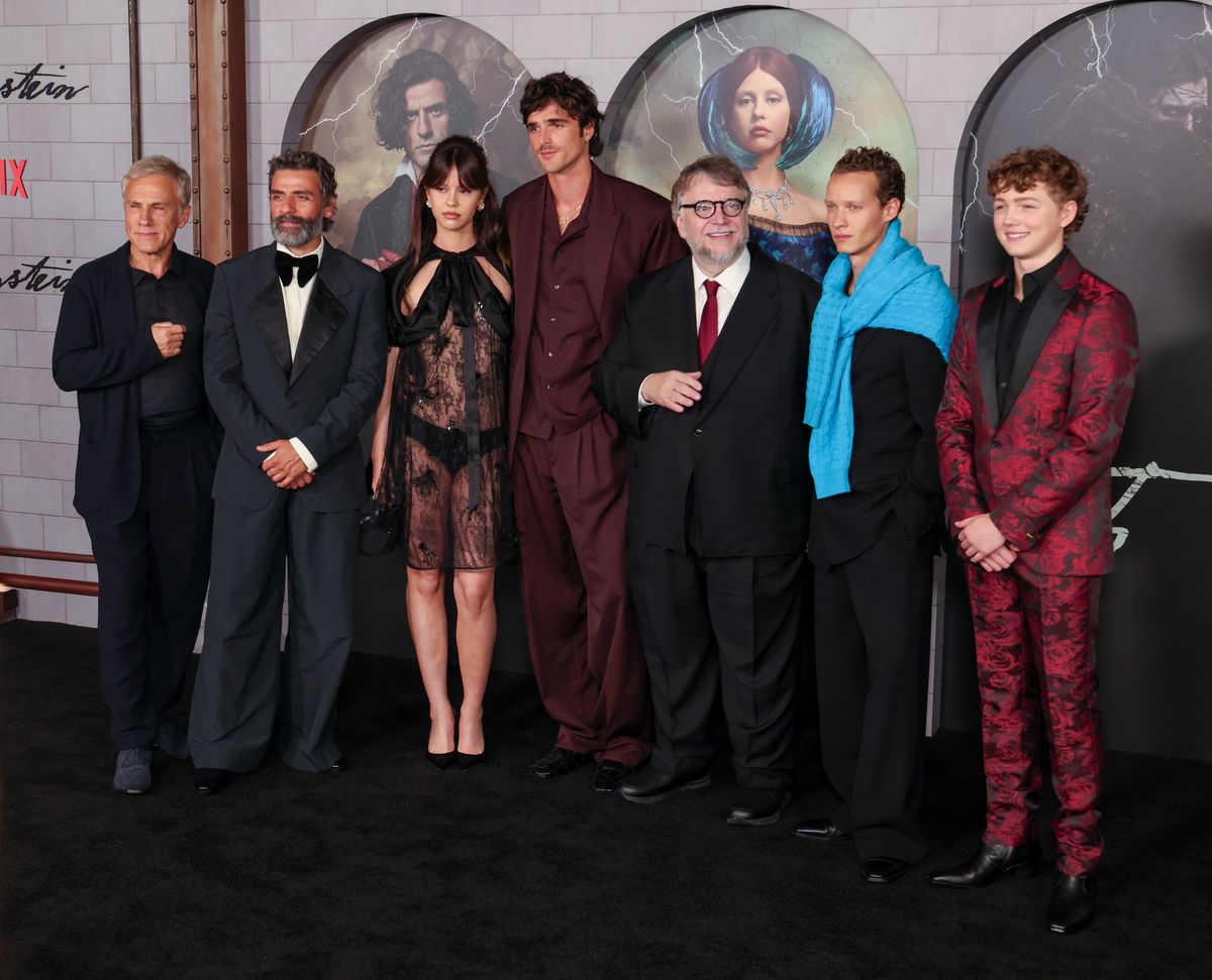 Christoph Waltz, Oscar Isaac, Mia Goth, Jacob Elordi, Guillermo del Toro, Felix Kammerer, Christian Convery at Netflix's "Frankenstein" Los Angeles premiere