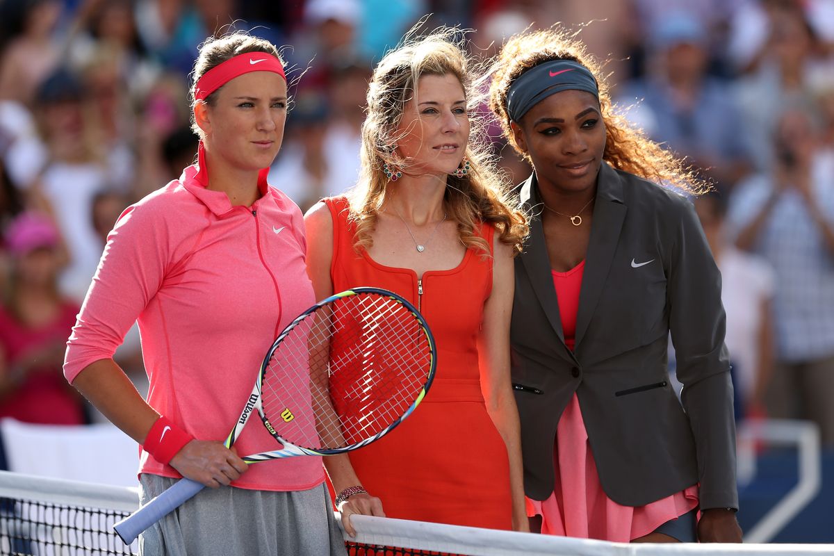 Victoria Azarenka (L) of Belarus and Serena Williams (R) of the United States of America pose with Monica Seles before their women's singles final match on Day Fourteen of the 2013 US Open at the USTA Billie Jean King National Tennis Center on September 8, 2013 in the Flushing neighborhood of the Queens borough of New York City.  
