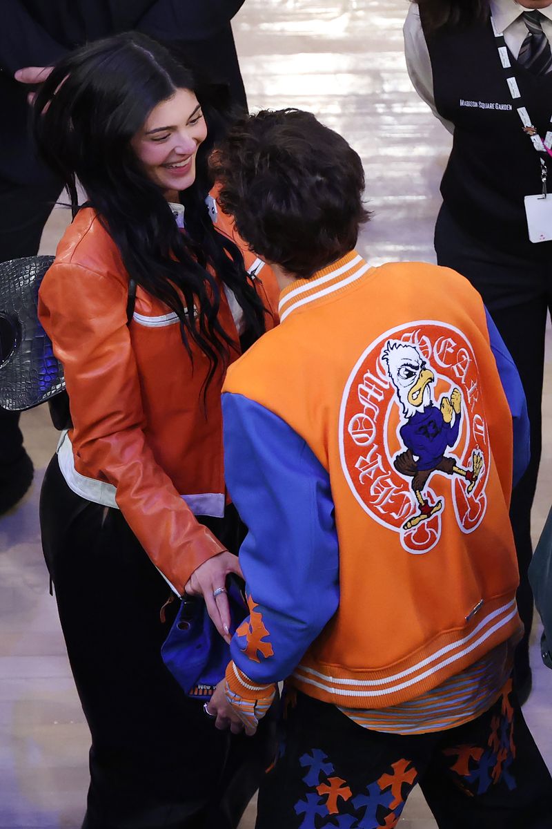 Kylie Jenner and actor Timothee Chalamet celebrate court-side after the New York Knicks defeated the Indiana Pacers in Game Five of the Eastern Conference Finals of the 2025 NBA Playoffs at Madison Square Garden on May 29, 2025 in New York City. 