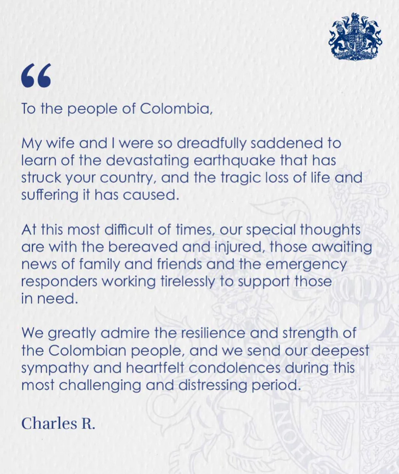 King Charles and Queen Camilla shared a heartfelt message following the devastating earthquake.
