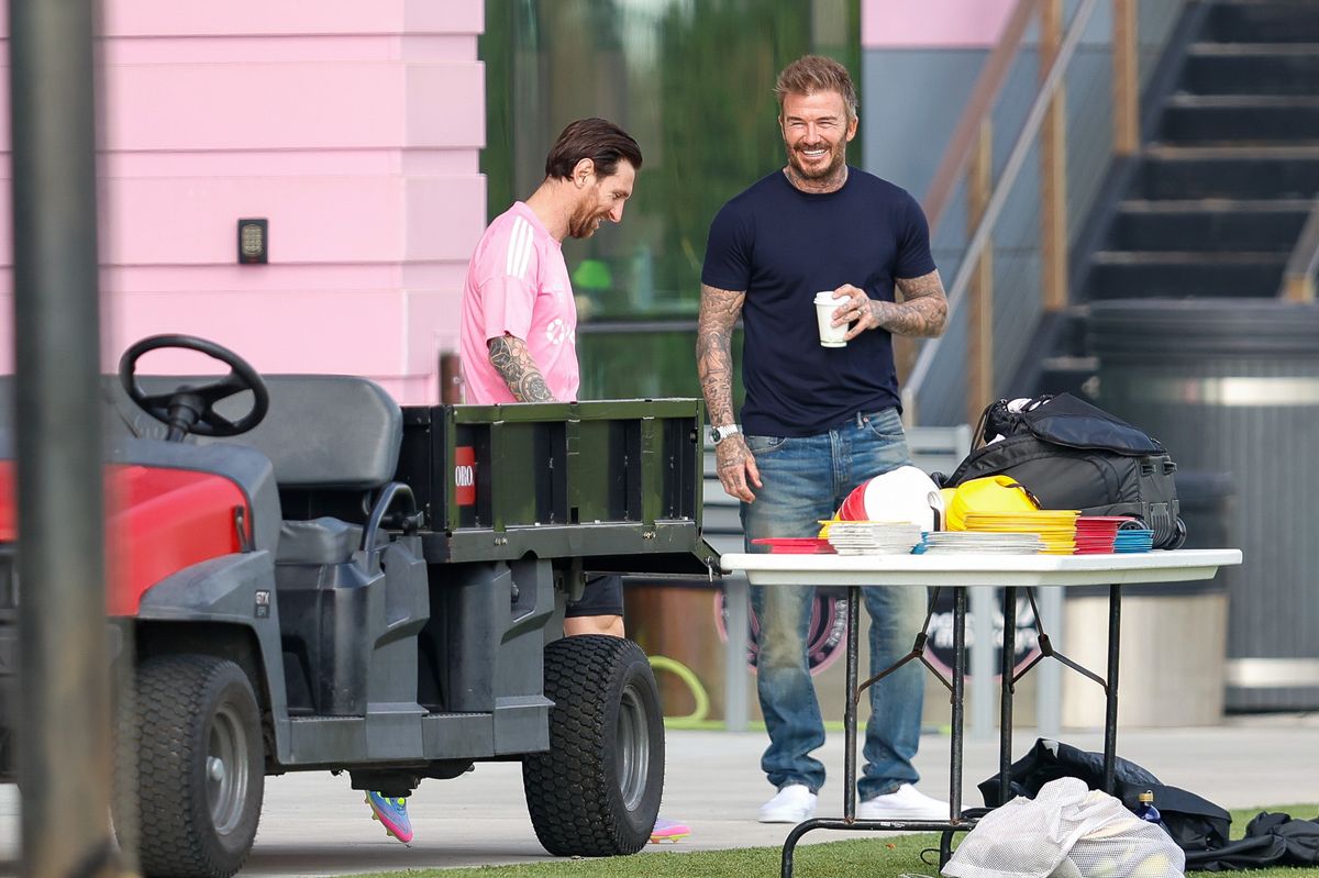 Co-owner of Inter Miami CF David Beckham and Lionel Messi #10 of Inter Miami CF attend an Inter Miami CF Training Session at Florida Blue Training Center on April 8, 2025 in Fort Lauderdale, Florida.  (Photo by Chris Arjoon/Getty Images)