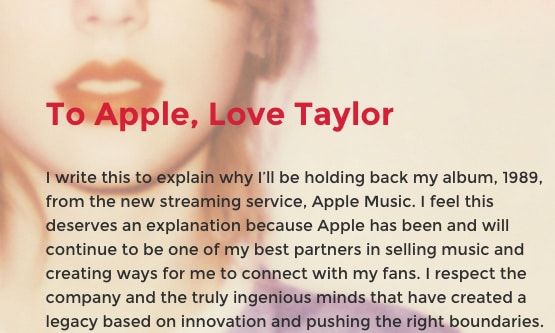 Taylor pulled her '1989' album from the Apple streaming service after learning that the company would not pay artists during the free three-moth trial. Taylor spoke and Apple listened, agreeing to make sure artists are fully compensated for their music.
<br>
Photo: Tumblr/Taylor Swift