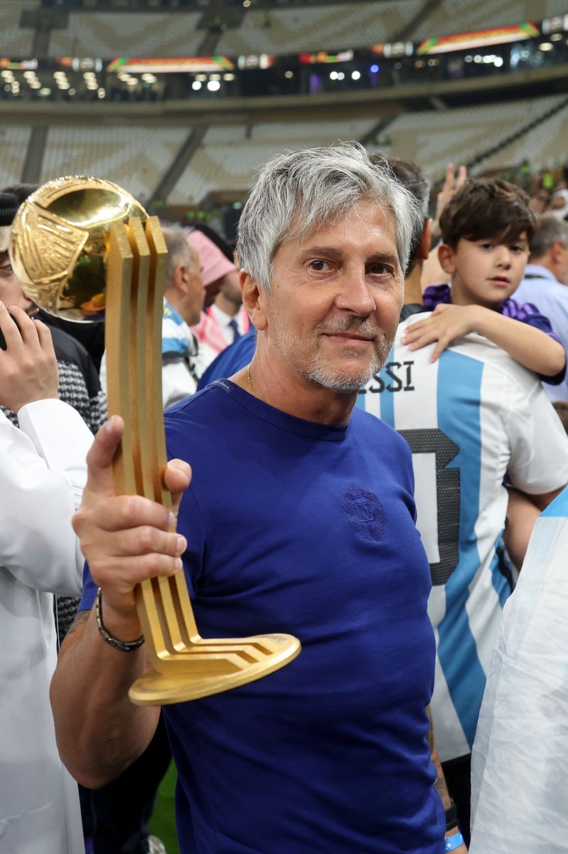 Jorge Messi, father and agent of Lionel Messi - holding his son's trophy of 'Best player of the World Cup - following the FIFA World Cup Qatar 2022 Final match between Argentina and France