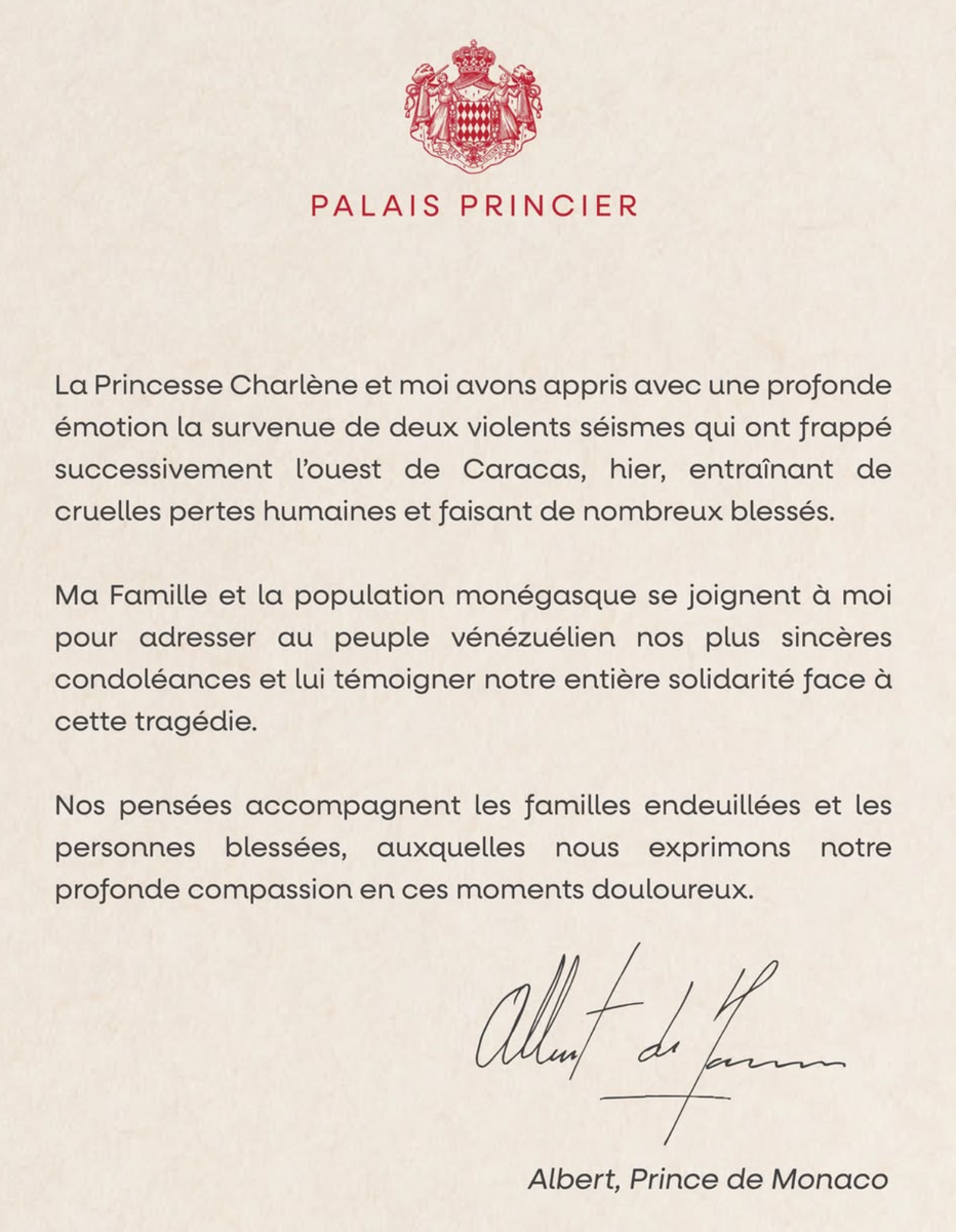 The Prince's Palace of Monaco shared an official statement signed by Prince Albert on behalf of himself and Princess Charlene.