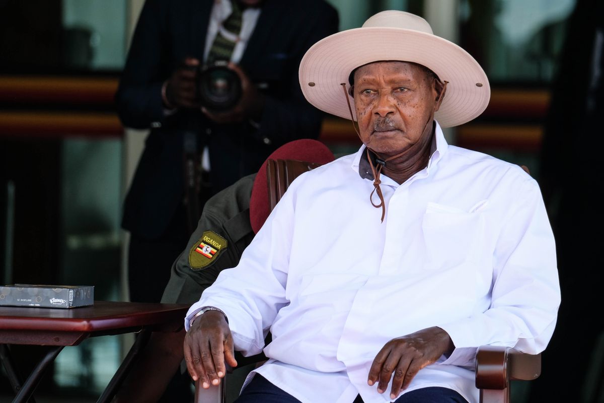 President Yoweri Museveni waiting to receive the remains of the Late Oyo Nyimba Kabamba Iguru Rukidi IV at Entebbe International Airport on September 4, 2026 in Entebbe, Uganda.