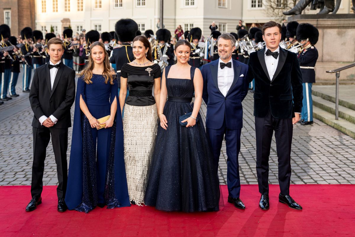 Princess Isabella of Denmark (3R) poses with parents Queen Mary of Denmark (3L) and King Frederik X of Denmark (2R) and siblings Princess Josephine of Denmark (2L), Prince Vincent of Denmark and Crown Prince Christian of Denmark (R) upon arrival for a performance on the occasion of Princess Isabella's 18th birthday at the Royal Theatre's Old Stage in Copenhagen on April 15, 2025. The princess's actual birthday is Monday, April 21. (Photo by Ida Marie Odgaard / Ritzau Scanpix / AFP) / Denmark OUT (Photo by IDA MARIE ODGAARD/Ritzau Scanpix/AFP via Getty Images)          
