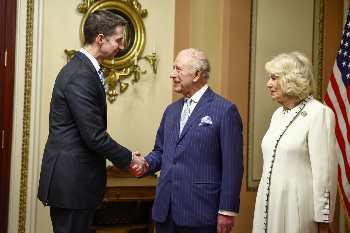 King Charles III and Queen Camilla are greeted by US Senator Tom Cotton