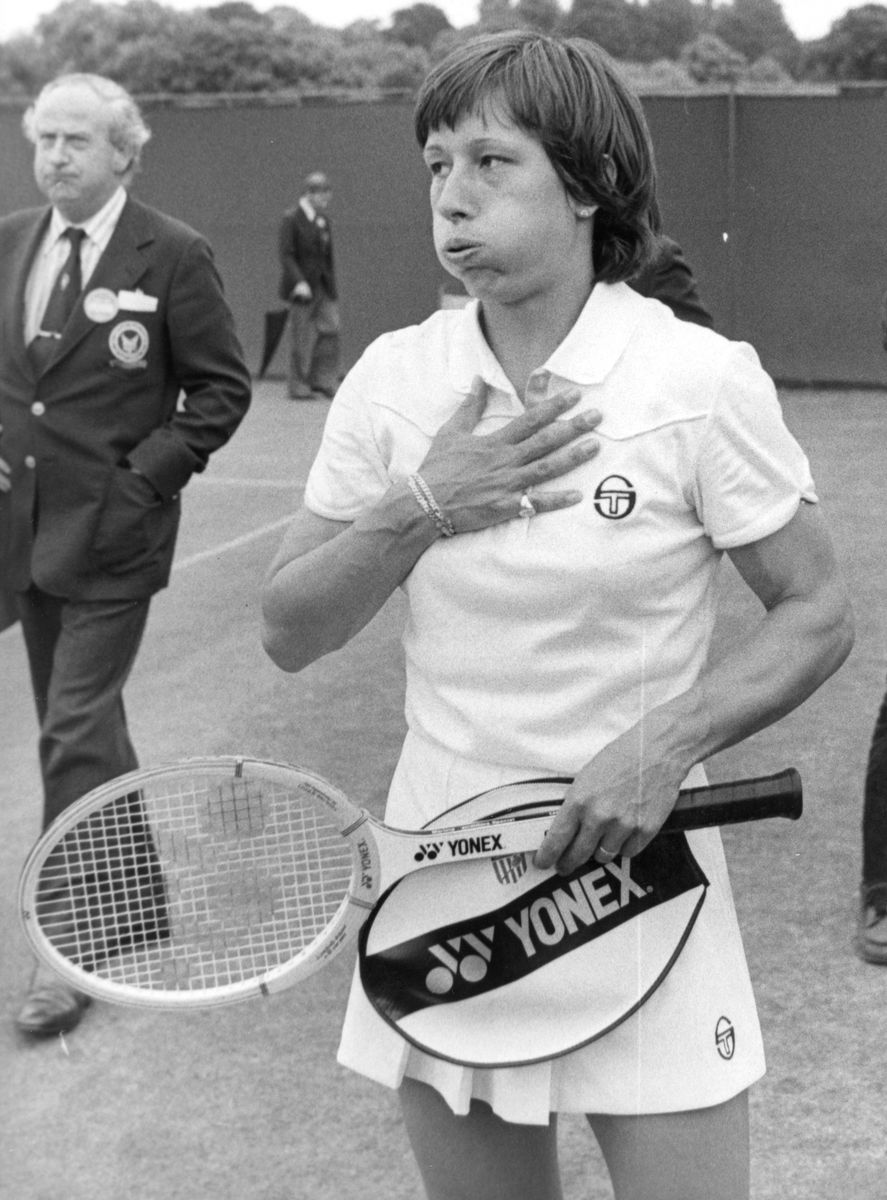 Martina Navratilova following a close match versus T J Hartford, 1980.