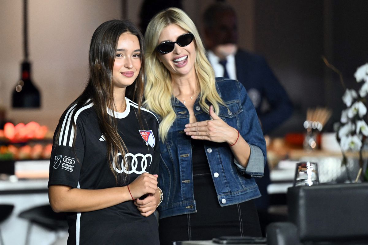 Ivanka Trump talks with her daughter Arabella while watching the Major League Soccer playoff football match between Inter Miami and Nashville SC