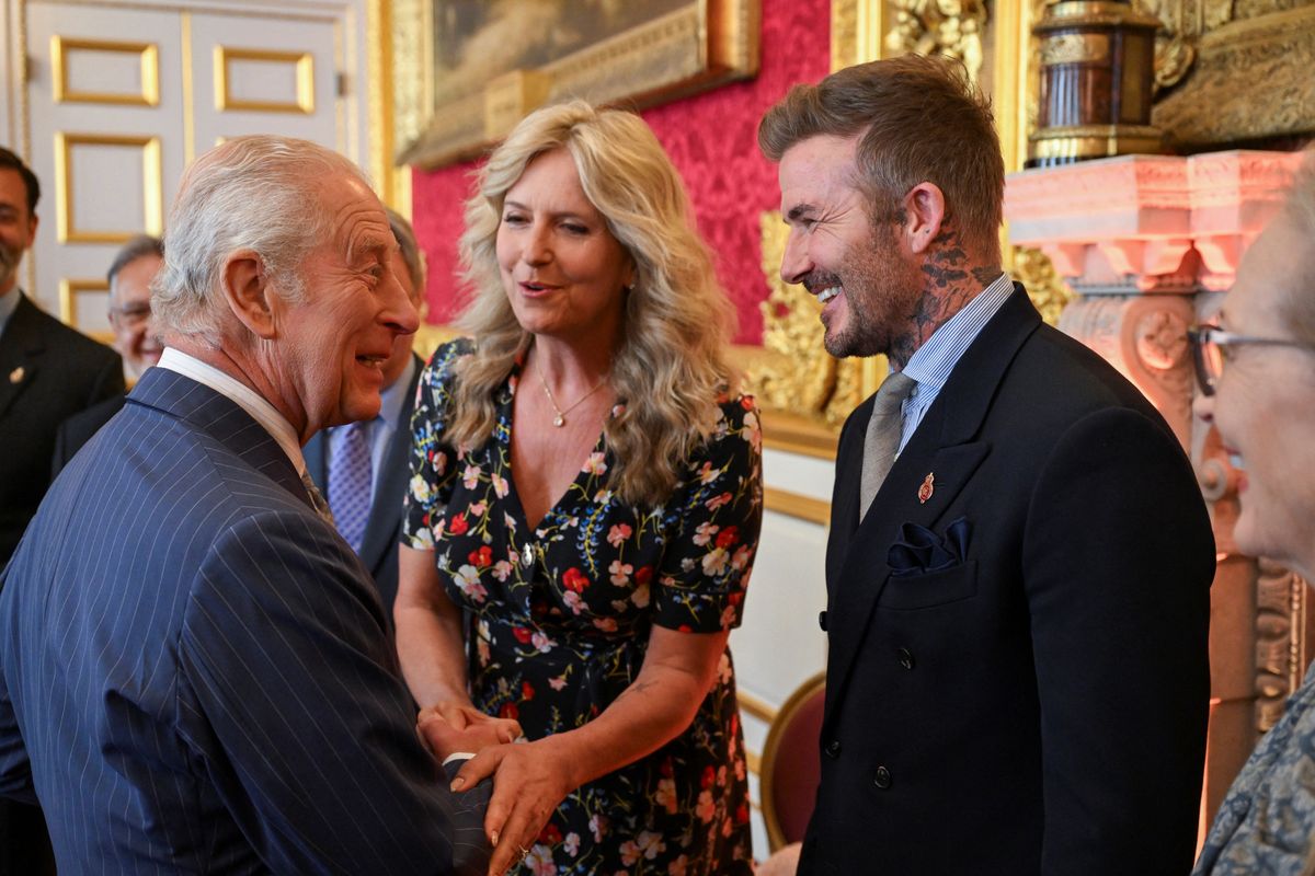 King Charles talks with David Beckham and Penny Lancaster as they attend the King's Foundation Awards ceremony, on the 35th anniversary of The King's Foundation, at St James's Palace on June 12, 2025.
