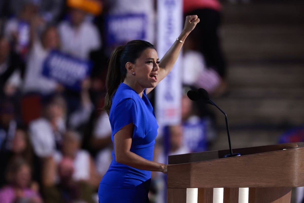 Actor Eva Longoria speaks onstage during the final day of the Democratic National Convention at the United Center on August 22, 2024 in Chicago, Illinois. Delegates, politicians, and Democratic Party supporters are gathering in Chicago, as current Vice President Kamala Harris is named her party's presidential nominee. The DNC takes place from August 19-22. (Photo by Joe Raedle/Getty Images)
