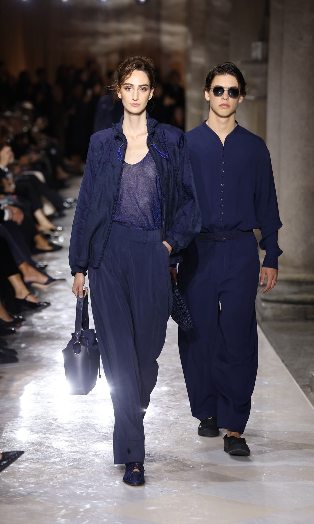 MILAN, ITALY - SEPTEMBER 28: A model walks the runway at the Giorgio Armani fashion show during the Milan Womenswear Spring/Summer 2026 on September 28, 2025 in Milan, Italy. (Photo by Daniele 