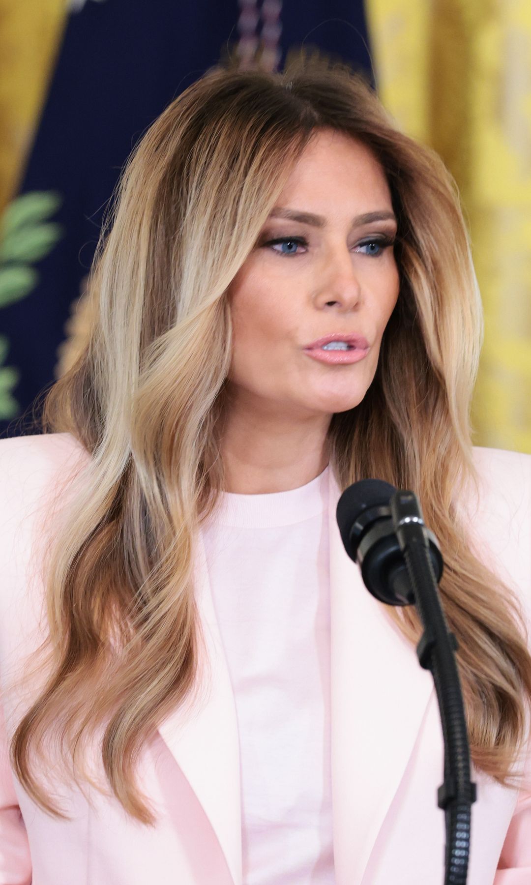 Melania Trump wears belted pink blazer look as she delivers emotional remarks at military mothers event