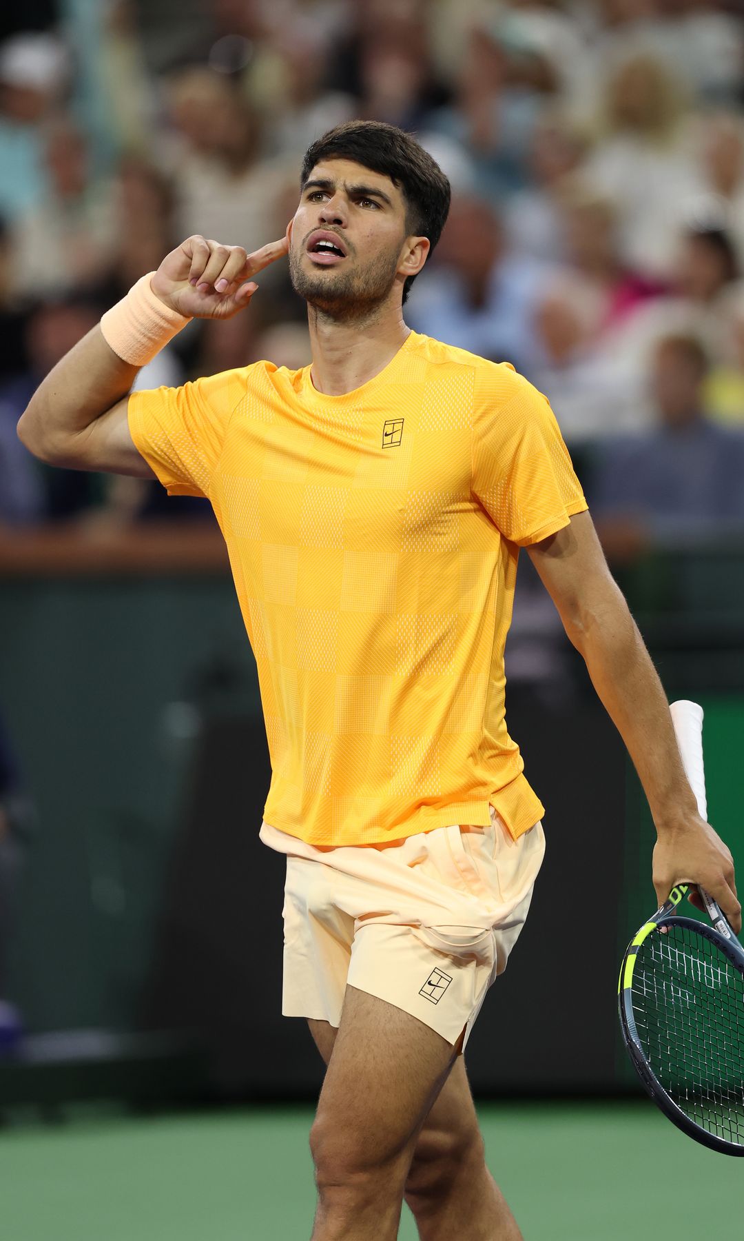Carlos Alcaraz of Spain celebrates a point against Arthur Rinderknech of France at the BNP Paribas Open