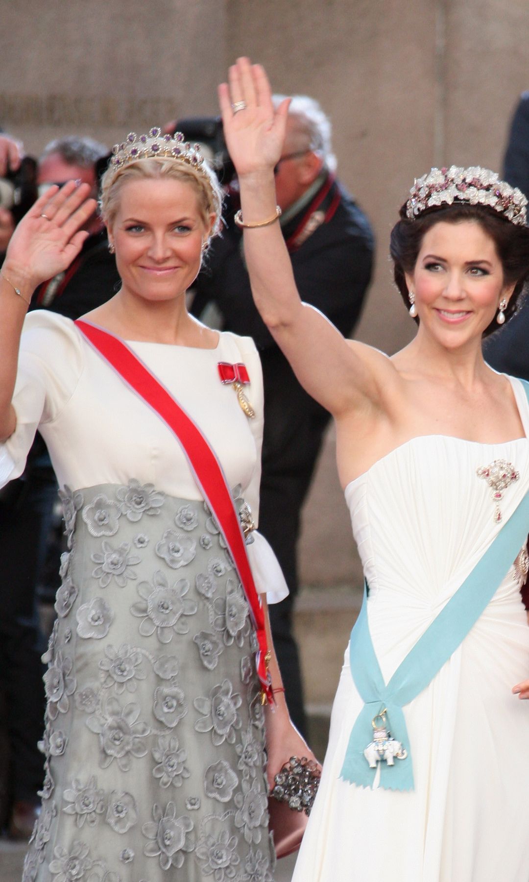 Crown Princess Mary of Denmark and Crown Princess Mette-Marit of Norway at the Gala Performance in celebration of Queen Margrethe's 70th Birthday in 2010