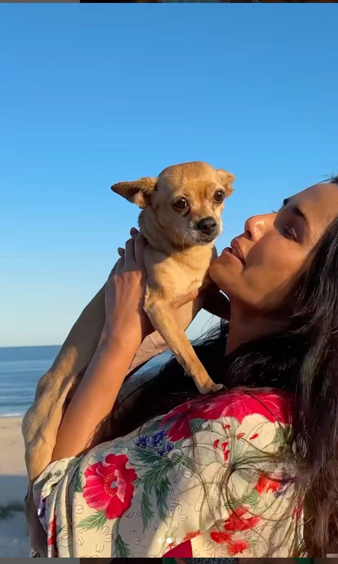 Padma Lakshmi in a pink bikini with her dog Divina