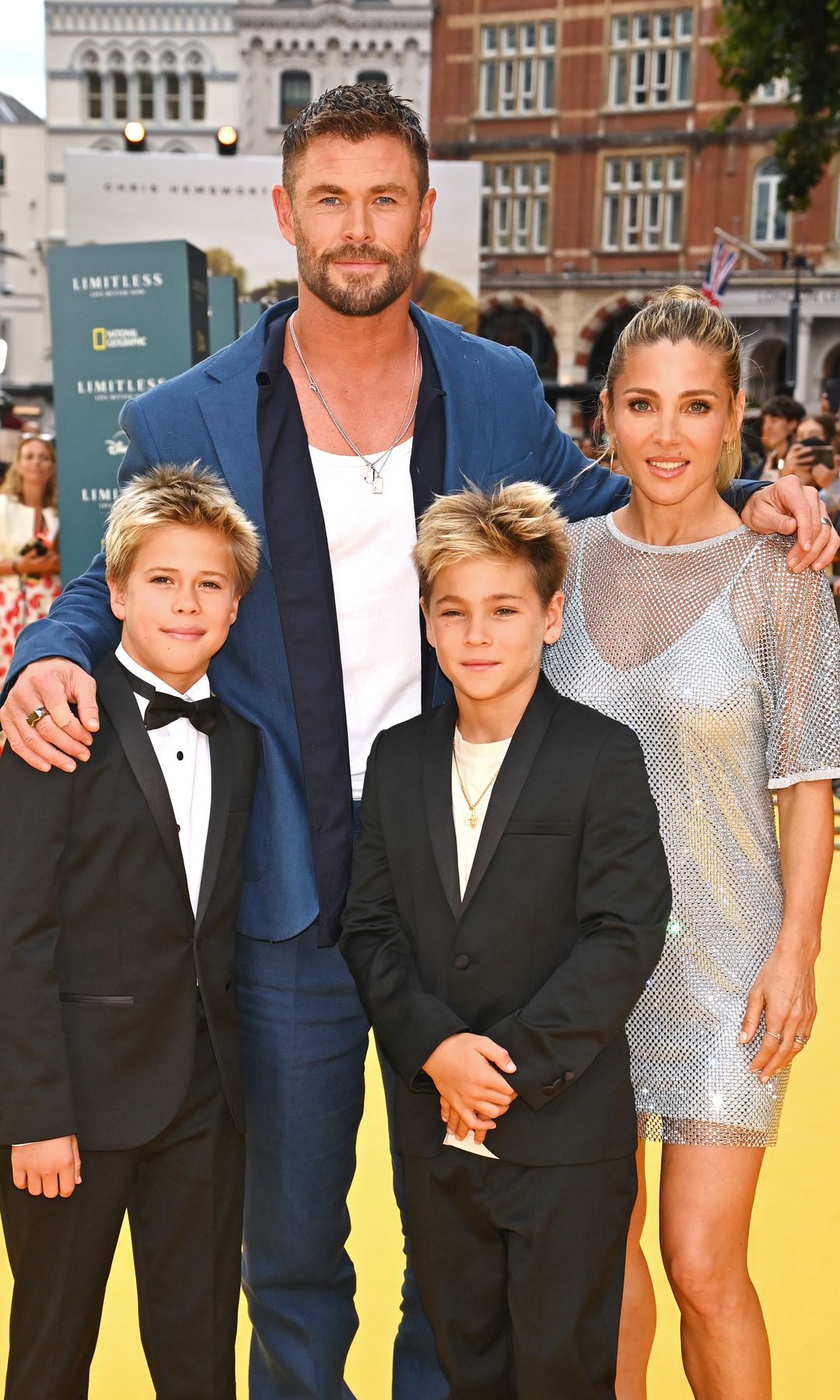 LONDON, ENGLAND - JULY 17: Chris Hemsworth (2L) and Elsa Pataky pose with children Tristan Hemsworth and Sasha Hemsworth at the Disney+ World Premiere of National Geographic's 'Limitless: Live Better Now' with BUPA at Odeon Luxe Leicester Square on July 17, 2025 in London, England. (Photo by Dave Benett/Getty Images for National Geographic & Disney+)