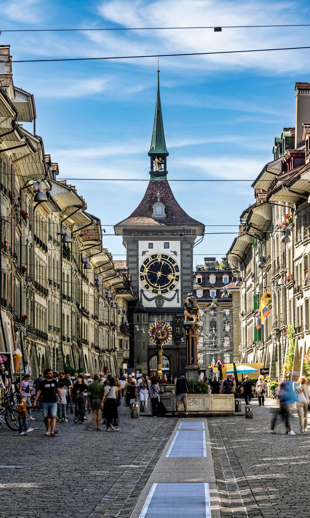 Main Street in the historic center of the city of Bern in Switzerland. 