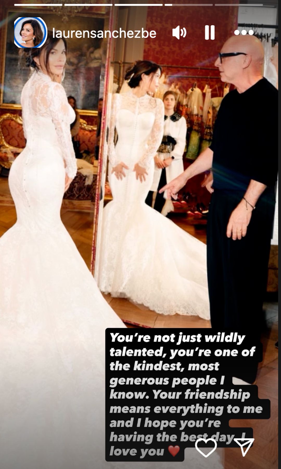 Sanchez Bezos and Dolce adding the finishing touches to the wedding gown