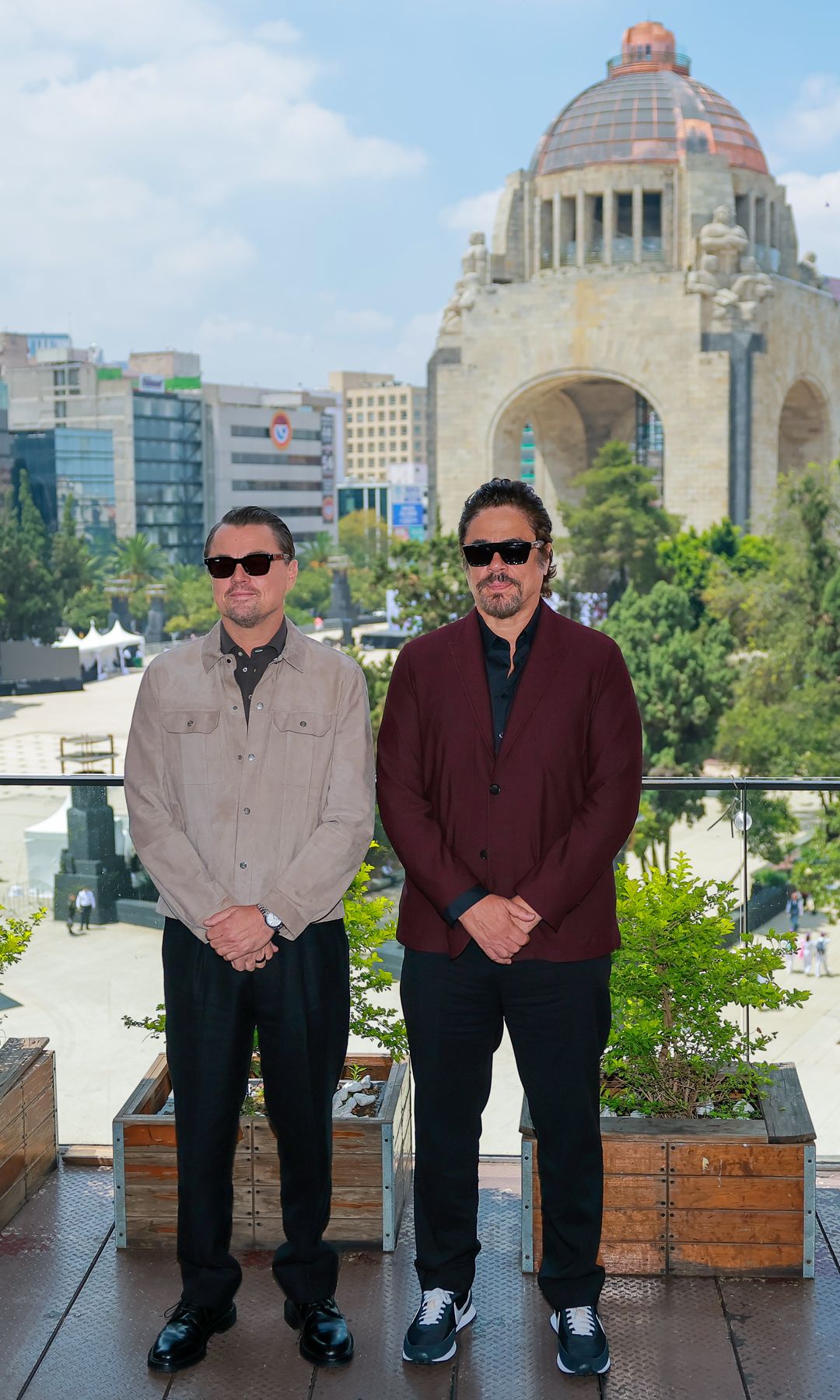 Leonardo DiCaprio and Benicio del Toro pose during the photocall for the movie 'One Battle After Another' at the Monument to the Revolution on September 18, 2025 in Mexico City