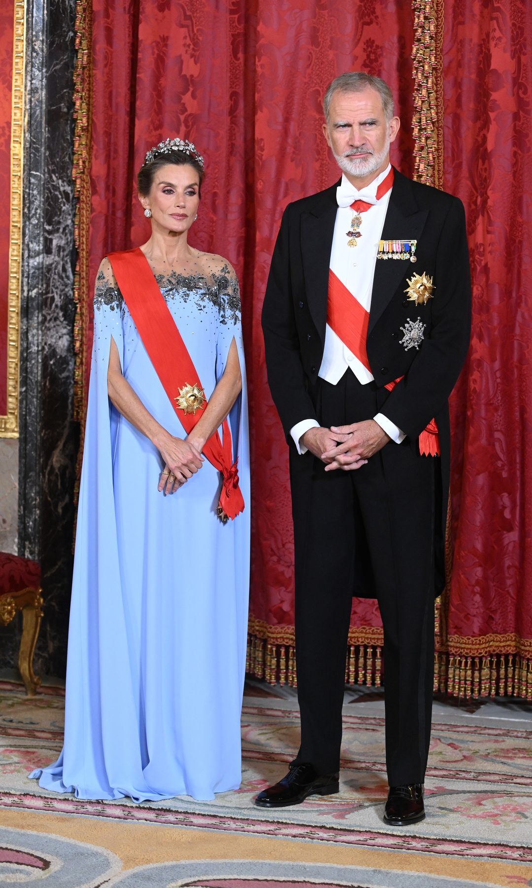 King Felipe VI and Queen Letizia during the gala dinner held in honour of the President of the French Republic, Emmanuel Macron, at the Royal Palace