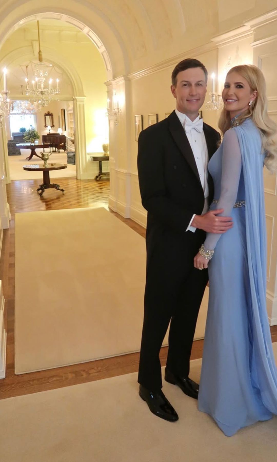 Ivanka Trump arrives at the White House state dinner in a dramatic powder blue Reem Acra gown, channeling timeless Grace Kelly elegance.