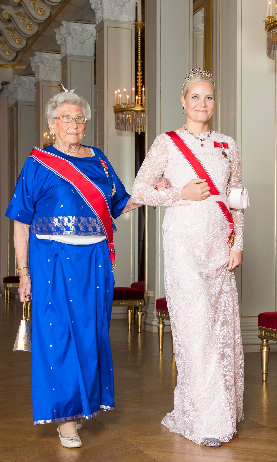 Norway's Crown Princess Mette-Marit and Princess Astrid arrive for the traditional Storting dinner at the Royal Palace on October 26, 2017. Two days after the burial of Norwegian King Harald V, his older sister, Princess Astrid, has died.