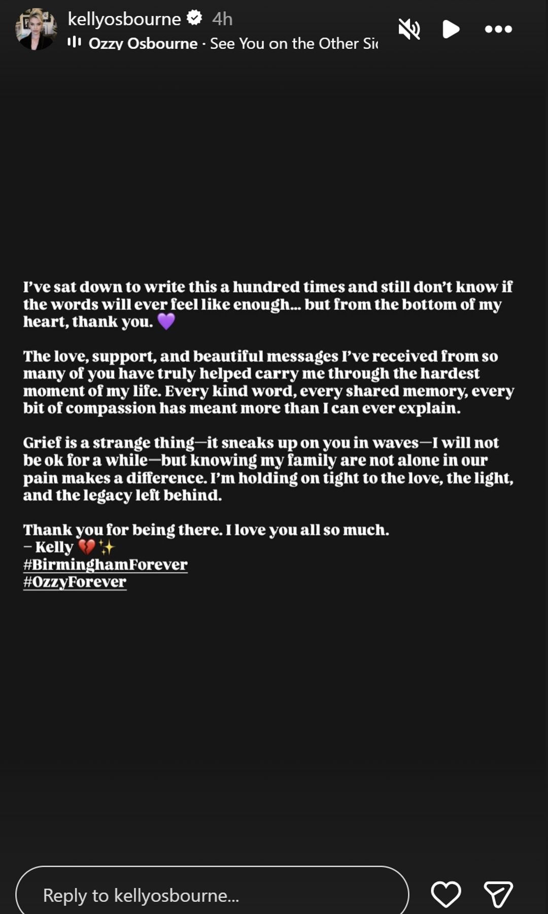 Osbourne shared a statement over Instagram