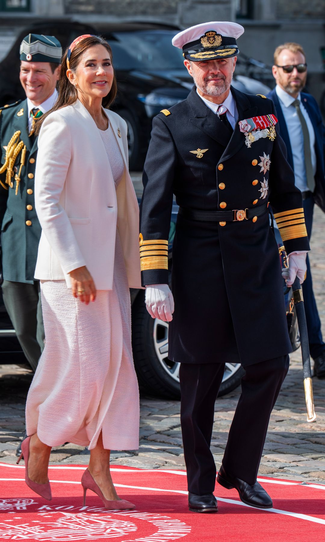 King Frederik X of Denmark and Queen Mary of Denmark as they officially disembark the Royal Yacht Dannebrog