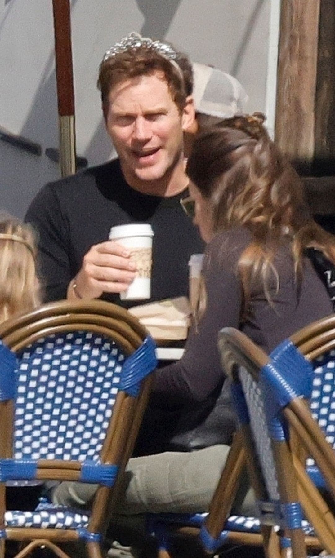 Pratt wore a tiara as he enjoyed his coffee with his daughters