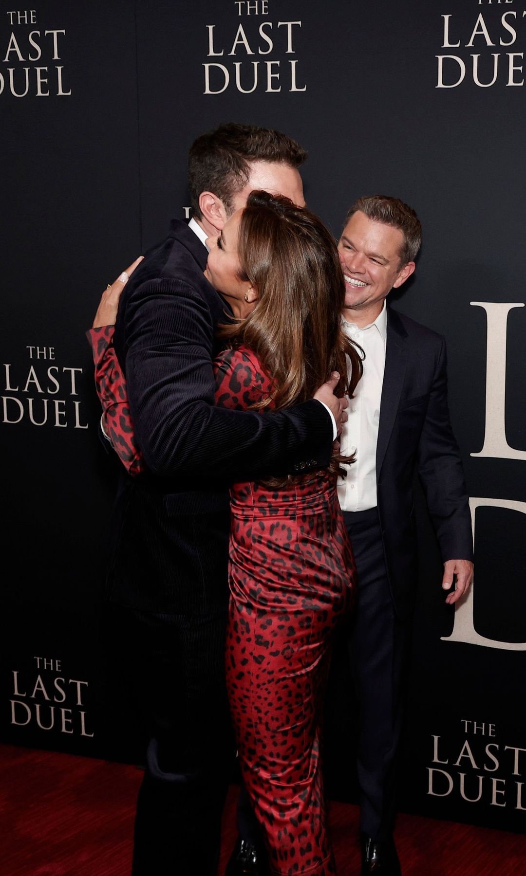 Ben Affleck, Luciana Barroso and Matt Damon attend "The Last Duel" New York Premiere at Rose Theater at Jazz at Lincoln Center's Frederick P. Rose Hall on October 09, 2021 in New York City.