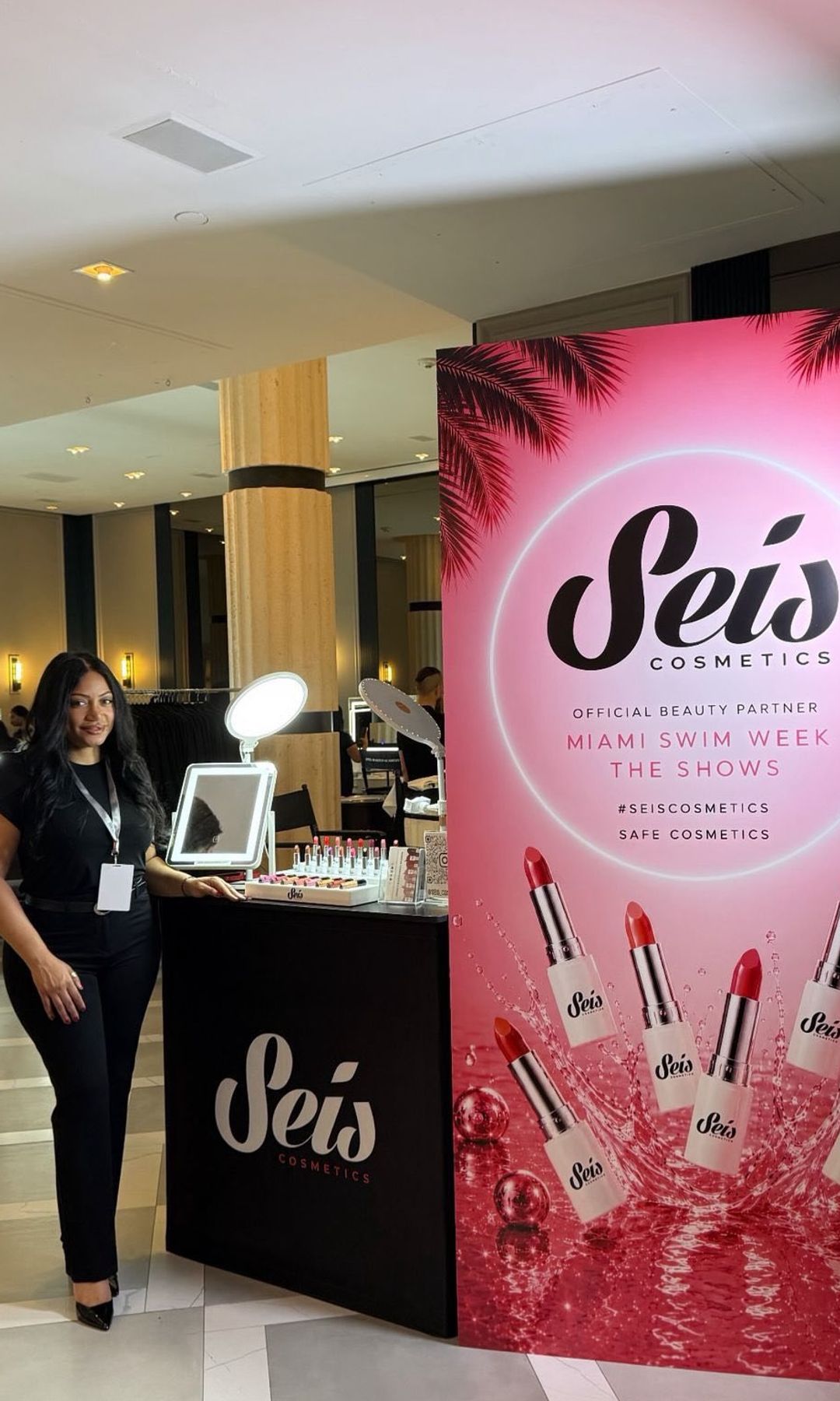 Suhay González at the Seis Cosmetics booth during Miami Swim Week.