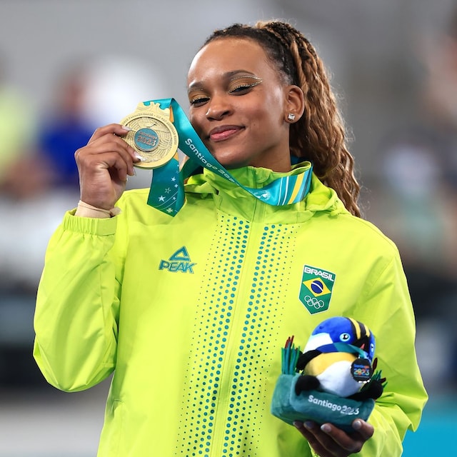 Gold medalist Rebeca Andrade of Team Brazil poses on the podium of Artistic Gymnastics -  Women's Vault at Parque Deportivo Estadio Nacional on day 4 of Santiago 2023 Pan Am Games on October 24, 2023 in Santiago, Chile. 