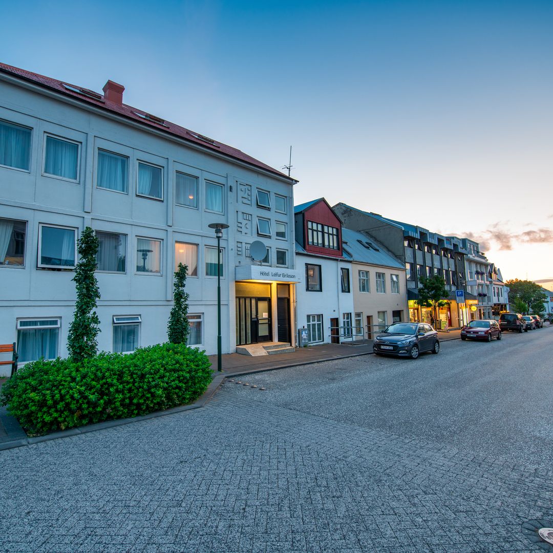 Reykjavik downtown street during golden hour.