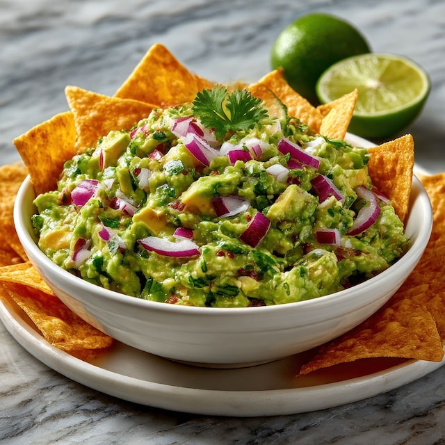 Creamy Guacamole with Red Onion in White Bowl and Tortilla Chips