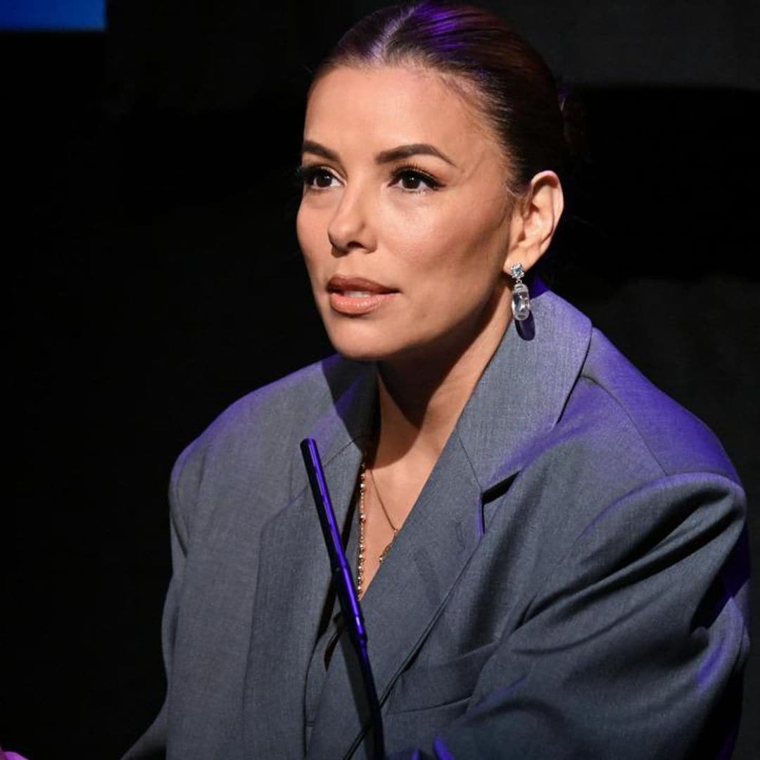 Eva Longoria means business in stylish gray suit and heels