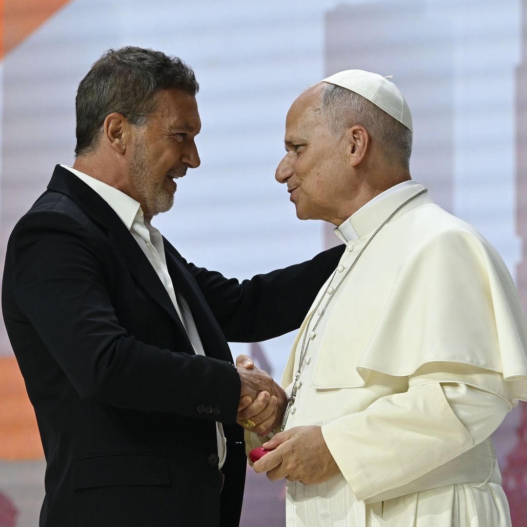 Pope Leo XIV greets Antonio Banderas as he meets with representatives of the worlds of art, education, economy and sport at the Madrid's Movistar Arena on the second day of his Apostolic Journey to Spain on June 07, 2026 in Madrid